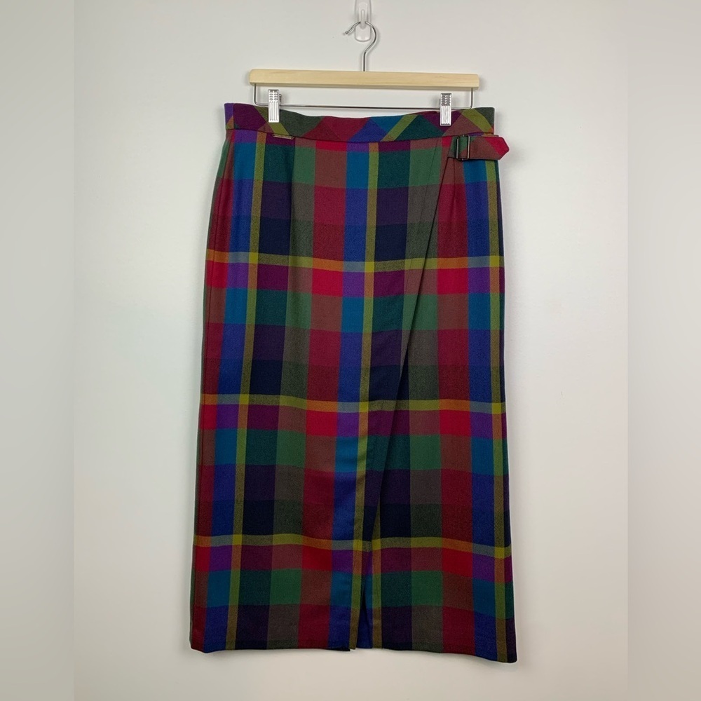 Geiger Collections Maxi Skirt Plaid Faux Wrap Size 42 Straight Lined Multicolor